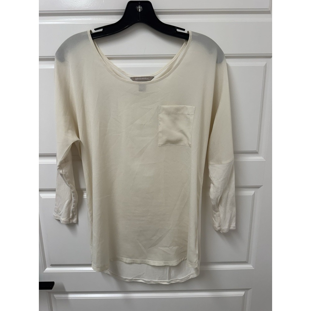 Banana Republic Womens Medium Ivory Woven Front Knit Back Blouse Mixed Media Top